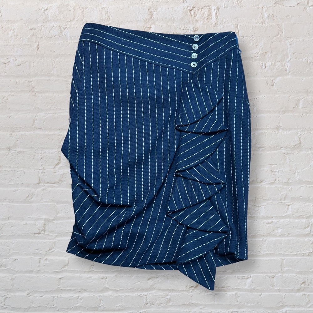 Eva Franco Navy Pinstripe Pencil Skirt with Ruffle Detail